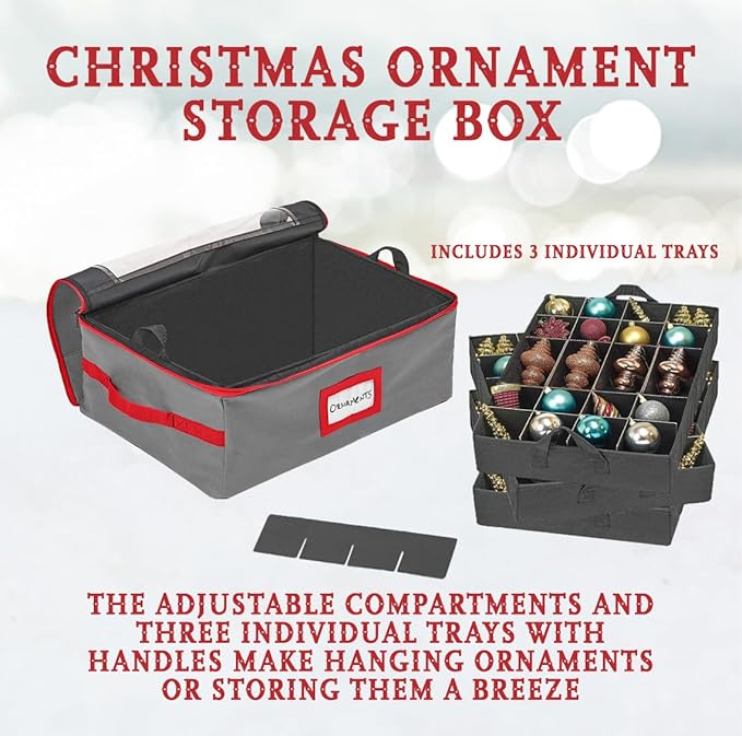HOLDN’ STORAGE Christmas Ornament Storage Box with Dividers - Fits 72-3” Ornaments, 3 Removable Trays, Durable & Space-Saving, Clear Top Lid, Convenient Storage Designed, Grey