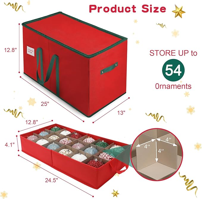Christmas Ornament Storage Box, Stores Up to 54-4" Ornaments, 3 Individual Trays, Adjustable Dividers, 600D Oxford Fabric, Large Organizer Bin to Protect and Store Holiday Décor