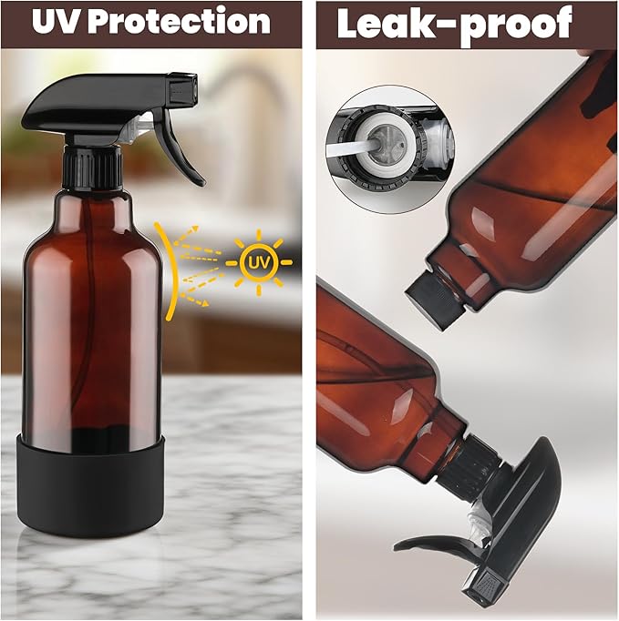 Glass Spray Bottles with Silicone Sleeve, 2 Pack 16 oz Refillable Amber Glass Spray Bottle with Adjustable Spray Nozzles, Empty Bottle Spray for Cleaning Solutions, Hair, Plants (Black+Blue)
