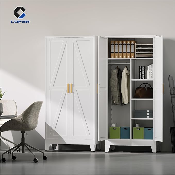 COFaR Metal Wardrobe Closet, Bedroom Armoire with Adjustable Hanging Rod and Shelves, Farmhouse Broom Closet Storage Cabinet for Garage Laundry Office, Roperos para Guardar Ropa, 71'' Tall White