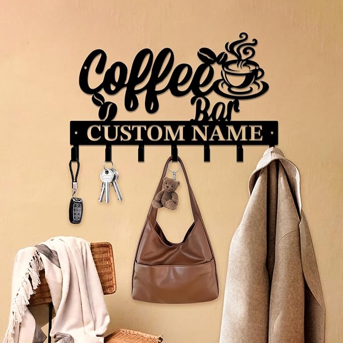 Personalized Custom Name Coffee Bar Wall Keys Hooks,Metal Coffee Shop Art Clothes Hooks,Metal Coffee Lover Wall Home Storage Decorative,For Front Door, Hallway, Kitchen, Bedroom,Keys,Hats (Style E)