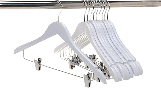 Quality Wooden Skirt Hangers with Clips, 20-Pack Semi Curved, Smooth Solid Wood Pants Hangers with Durable Adjustable Metal Clips, Swivel Hook, Coat, Jacket, Blouse Suit Hangers (White, 20)