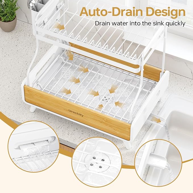 Urackify 2-Tier Dish Drying Rack – Large Capacity Dish Rack with Stainless Steel and Bamboo, Dish Drainers for Kitchen Counter, Drying Rack Kitchen with Utensil Holder and Drainboard, White