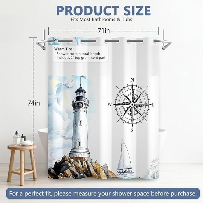 TQUQOBU No Hook Waterproof Shower Curtains, Snap-in Shower Curtain Liner with Weighted Hem & Top Window, Nautical Shower Curtain for Bathroom, Hotel and Gym, 71x74 Inches