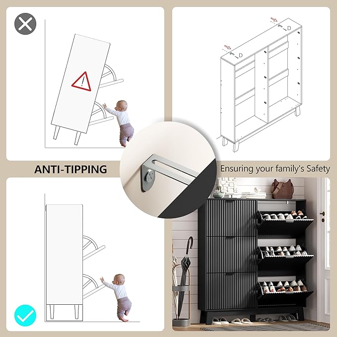 Shoe Cabinet Storage for Entryway with 6 Flip Drawers, Fluted Narrow Shoe Organizer with Wooden Legs, Freestanding Slim Shoe Storage Hidden Shoe Rack Organizer for Front Door Entrance, Black