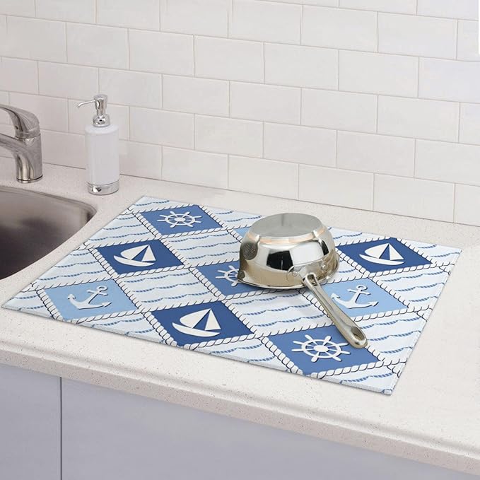 Vintage Nautical Sailboat Anchor Dish Drying Mat 18x24 For Kitchen Counter Absorbent Microfiber Dishes Pad Dish Drainer Rack Mats Fast Dry Kitchen Accessories