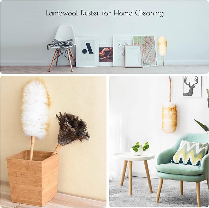 iHUFeather Lambswool Duster 14'' Length Solid Wooden Handle Leather Hang Strap for Cleaning Ceiling Fans Window Blinds Computer Furniture Figurines TV Natural Feather Duster,Pink