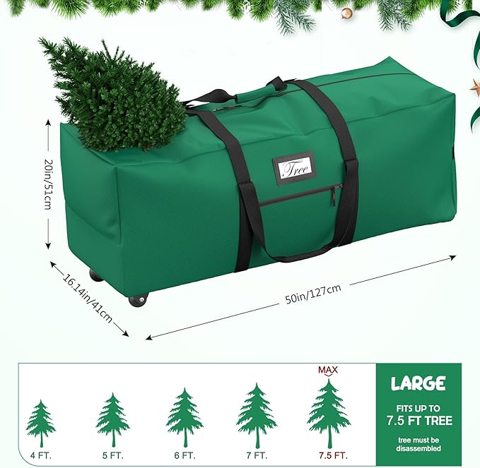Mrrihand Christmas Tree Storage Bag, Large Artificial Anti-Tear Heavy-Duty 600D Oxford Cloth Xmax Christmas Tree Storage Box with Rolling Wheels, Christmas Tree Storage Container (Green, 7.5Ft)