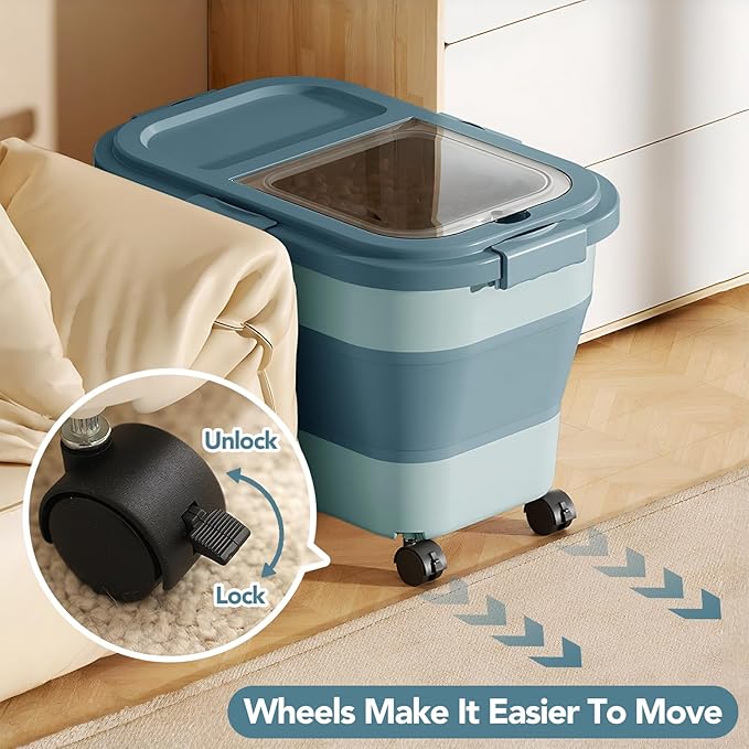 Summark 15 Lbs Dog/Cat Food Storage Container,Collapsible Food Storage Containers with Rolling Wheel Airtight Locking Lid,Pet Food Storage Container with Cup and Scoop,Blue