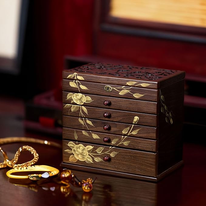 Hand-painted rose Wooden Jewelry Box, 7 Layer Jewelry Organizer, Vintage Wooden Jewelry Boxes for Women,jewelry holder organizer,5 drawer dresser,necklace organizer box with lock