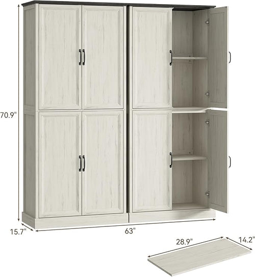 71'' Tall Pantry Cabinet Set of 2, Farmhouse Kitchen Pantry Storage Cabinet with Barn Door and Adjustable Shelves, Rustic White Wood Freestanding Cupboard for Kitchen, Dining Room