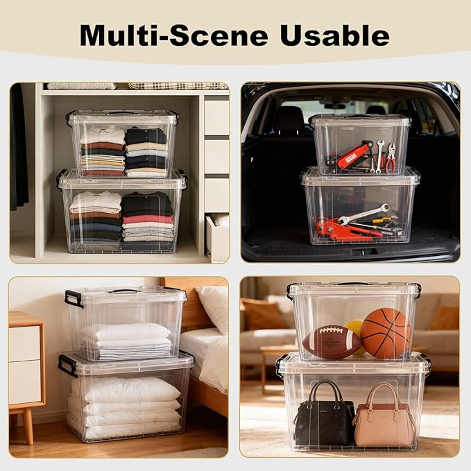 720 QT Clear Large Storage Bins with Lids, 8 Pack 90 QT-Stackable Plastic Organizer for Home, Office, Garage, BPA-Free, Heavy-Duty, See-Through Containers with Secure Latches & Handles