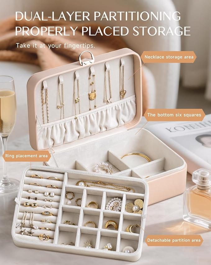 CASEGRACE 2-Layer Jewelry Box with Removable Tray, Portable Jewelry Organizer for Earrings Necklaces Rings, Gift for Women Girls on Birthday Valentine's Day (Amber powder)