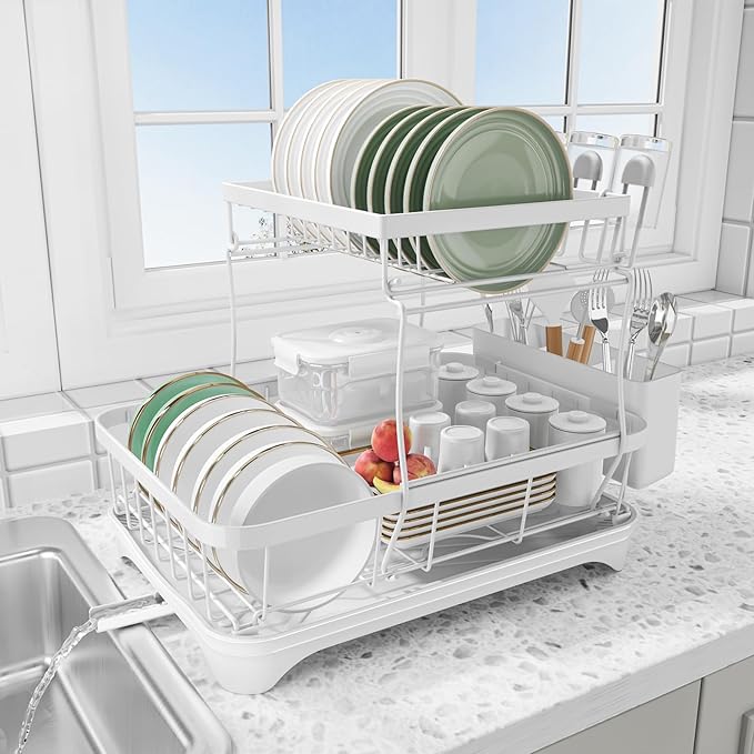 HOMEBOSILY Dish Drying Rack - Auto Draining Dish Rack for Kitchen Counter, Large Capacity Dish Drainers Organizer with Drainboard, 2-Tier Drying Rack with Utensil Holder White