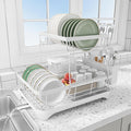 HOMEBOSILY Dish Drying Rack - Auto Draining Dish Rack for Kitchen Counter, Large Capacity Dish Drainers Organizer with Drainboard, 2-Tier Drying Rack with Utensil Holder White