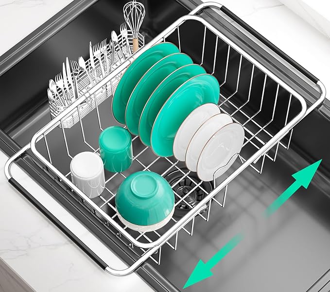 SwetLao Large Sink Dish Drying Rack, Expandable 304 Stainless Steel Metal Dish Drainer Rack Organizer Shelves with Stainless Steel Utensil Holder Over Inside Sink, Rustproof
