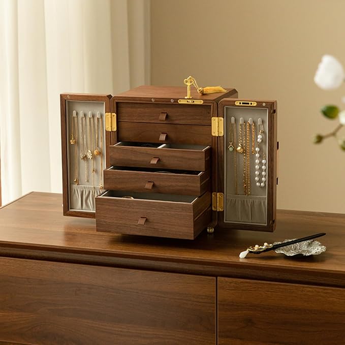 KINTNESS Wooden Jewelry Box With Key, 5 Layers Lockable Large Jewelry Organizer for Women Girls, Walnut Texture for Bracelet, Necklace, Ring