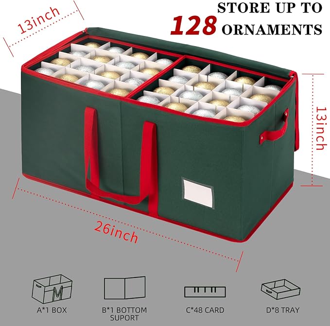 JY COOKMENT Christmas Ornament Storage Box with Adjustable Dividers and Side Pockets, Large Ornaments Storage Container Bin with Zippered Top for Xmas Decorations (128-3" Balls, Green, With Tray)