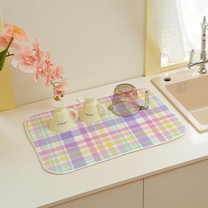 Easter Dish Drying Mat 18 x 24 Inch Spring Pink Yellow Purple Buffalo Plaid Drying Mat for Kitchen Counter Absorbent Spring Easter Checkered Dishes Dry Pad for Drainer Rack Kitchen Fast Dry