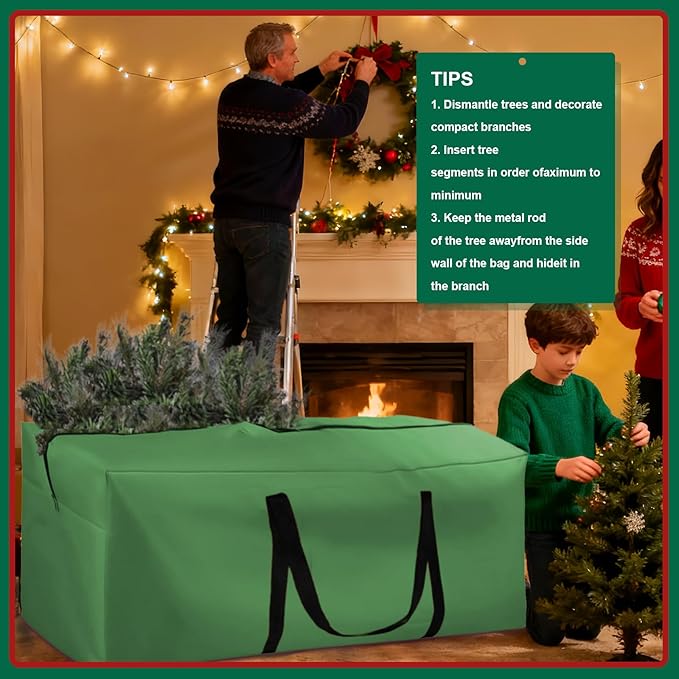 Christmas Tree Storage Bag-Extra Large 420D Tree Storage Holiday Bags for Disassembled Artificial Trees (Fits 9ft-12ft), Waterproof Double Zippers and Durable Handle, 68"L x 30"W x 20"H, Green,2 Pack
