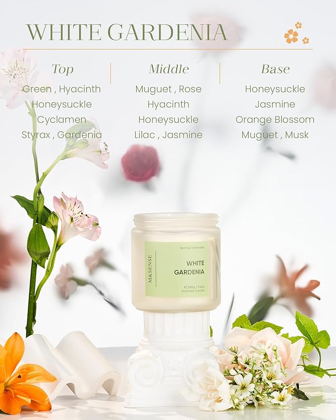 M&SENSE White Gardenia Scented Candle - 11.6oz Natural Soy Wax 70-Hour Long Lasting Burn Time Non Toxic, 2-Wick Spring Flower Candle Easter for Home Decor Aromatherapy Gifts for Mom