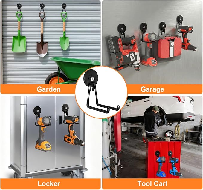 Heavy-Duty Storage Magnetic Hooks，No Need for Drilling, with Anti-Slip Coating, Suitable for Garages, Workshops, Kitchens, Storage Cabinets, RVS, Garden Tool Storage (Black 4 pcs)