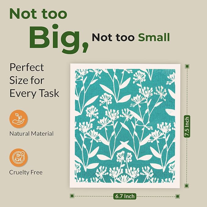 MosJos Swedish Dishcloths, Vintage Plant-Based Cellulose, 6.7x7.5 Inch, Super Absorbent, Multi-Surface, Machine Washable, Reusable, 5 Pack (Blue-Aqua)