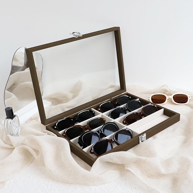 Wudygirl Sunglasses Organizer 8 Slot Jewelry Organizer Tray Vintage Jewelry Box Wooden Glasses Organizer with Lid Watches Display Jewelry Tray for Women (Beige 8 Grid