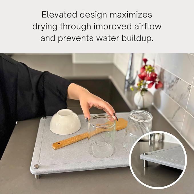 GRUZAM 2 Pcs Stone Dish Drying Mat, 2 Tier Dish Drying Stone for Kitchen Counter with Absorbent Dish Drying Mat, Stone Dish Drying Rack, Flexible Stone drying rack (Sandstone, 15.6" x 11.7" x 6.7")