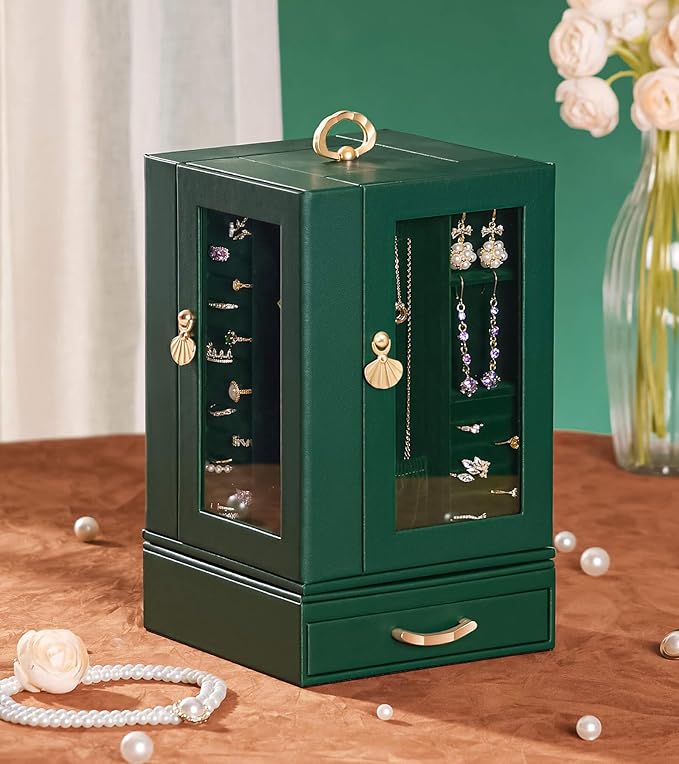 Jewelry Box large for Dresser: Women Necklace Ring Storage Organizer with Compartments - Elegant Earring Holder Display (Dark Green)
