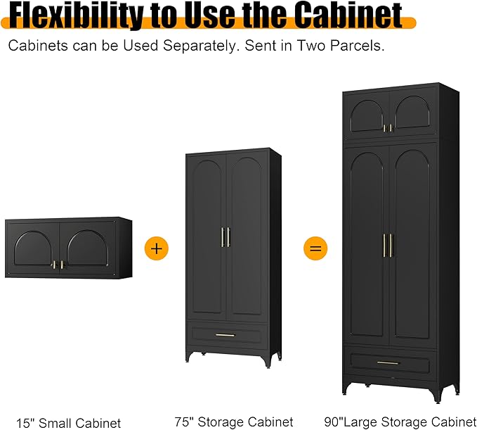 Metal Storage Cabinet with Drawer, 90" Tall Kitchen Pantry Storage Cabinets with Doors and Adjustable Shelves, Black Pantry Closet, Steel Large Cupboard, High Leveling Feet- Assembly Required