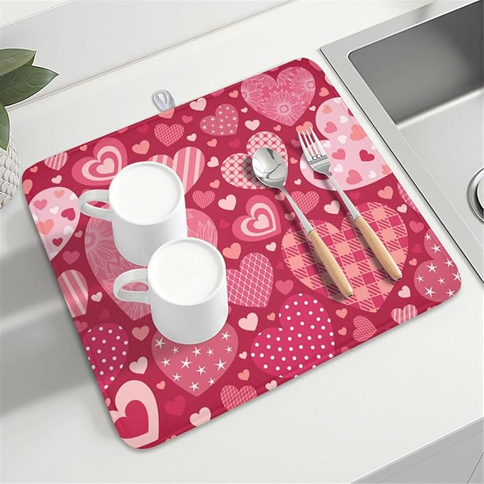 ABSOP Valentine's Day Dish Drying Mat 16 x 18 Inch Heart Shaped Pattern Dish Drying Pad Absorbent Microfiber Mats for Red Dish Rack Pad for Kitchen Counter Coffee Bar Decor