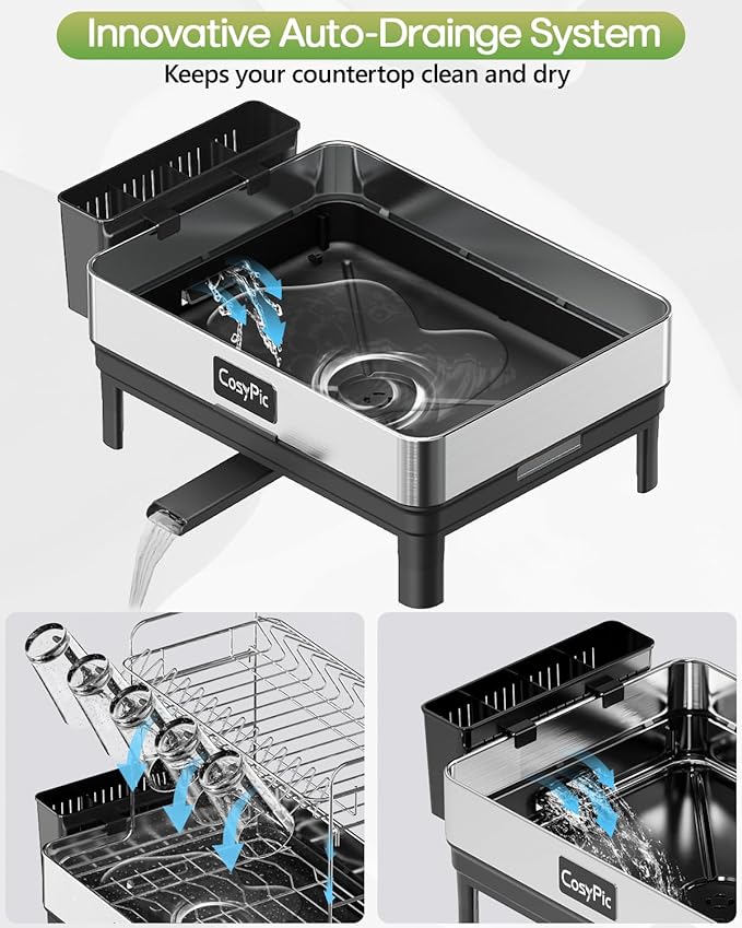 CosyPic 2 Tier Dish Drying Rack, Thicker Premium 304 Stainless Steel Dish Racks for Kitchen Counter, Automatic Drainage Spout, Dish Drainer & Drainboard Set with Utensil Holder and Cup Holder, Black