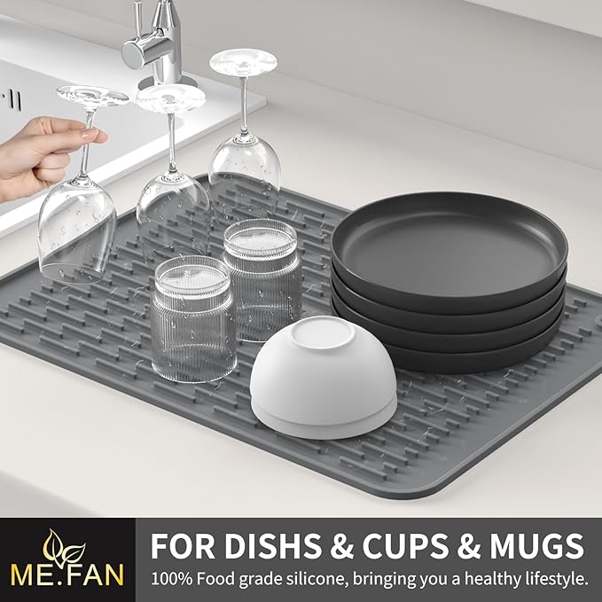 ME.FAN Silicone Dish Drying Mat for Kitchen Counter, Dish Drying Pad for Sink, Refrigerator or Drawer, Countertop Protection Pad L - 18''×16'' - Grey