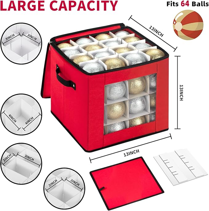 Christmas Ornament Storage Box With Adjustable Dividers,Ornament Storage Container with Two Handles for 64Holiday Decorations,Red