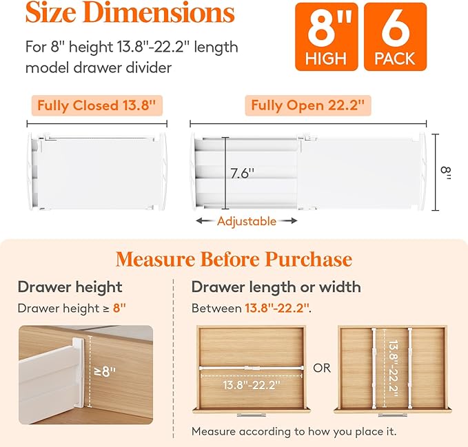 Lifewit 8" High 6 Pack Deep Drawer Dividers, 35 –55cm/13.8-22.5" Adjustable Dresser Drawer Divider, White Drawer Organizer for Clothes, Tall Drawer Separator for Dresser Kitchen Bedroom Cabinet Office