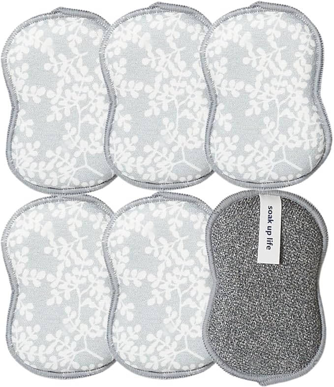 Bright Habits Sponge Set in Laurel Grey, 6 Pack Super Absorbent Washable Reusable Cleaning Sponges Made from Recycled Materials, Durable Eco Friendly Kitchen Sponges
