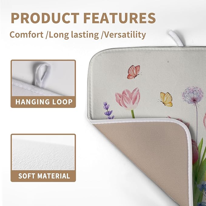 Spring Floral Dish Drying Mat Tulip Lavender Flower Dishes Pad Absorbent Microfiber Dish Draining Mat Washable Medium Dish Drainer Rack Mats for Kitchen Counter 16"x18"