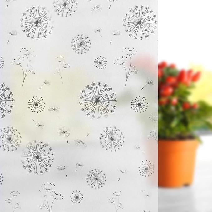 Filmgoo Window Privacy Film Non-Adhesive Sun Blocking Stained Glass Door Sticker Frosted Window Tinting Film for Home Office（Dandelion,35.4 Inch x 6.5 Feet）