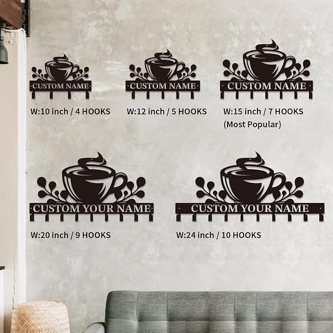 Personalized Custom Name Coffee Bar Wall Keys Hooks,Metal Coffee Shop Art Clothes Hooks,Metal Coffee Lover Wall Home Storage Decorative,For Front Door, Hallway, Kitchen, Bedroom,Keys,Hats (Style A)