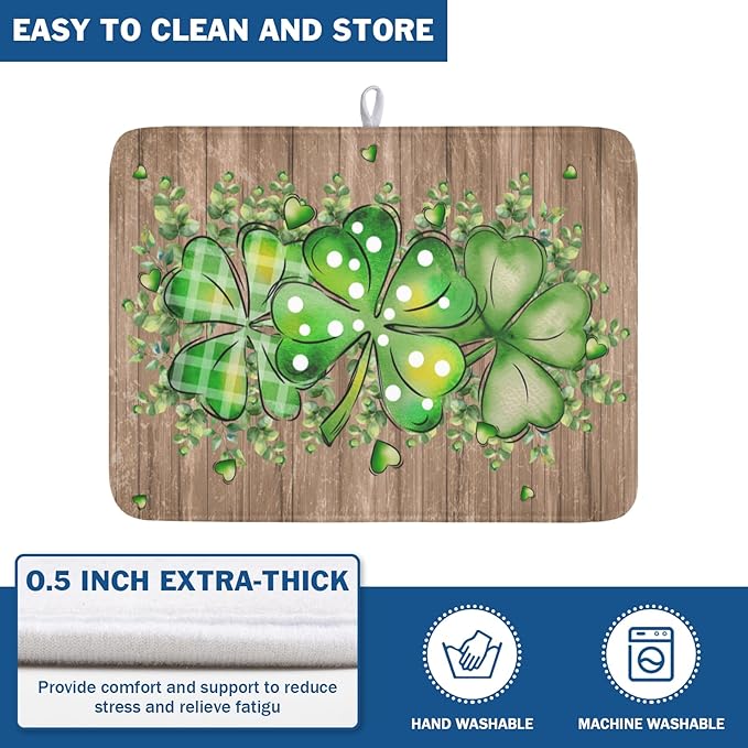 Wnoesat St Patricks Day Wooden Plank Texture Shamrock Dish Drying Mat St Patrick Eucalyptus Leaves Clover Dish Drying Pad for Kitchen Counter Absorbent Microfiber Dishes Drainer Rack Mats 18x24 Inch