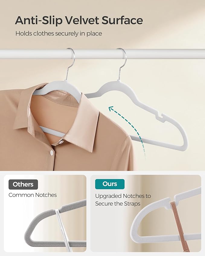 SONGMICS Velvet Hangers 60 Pack, Non-Slip Clothes Hangers with Shoulder Notches, Pants Bar, 360° Swivel Hook, Space-Saving, for Closet, Cloud White UCRF030W01