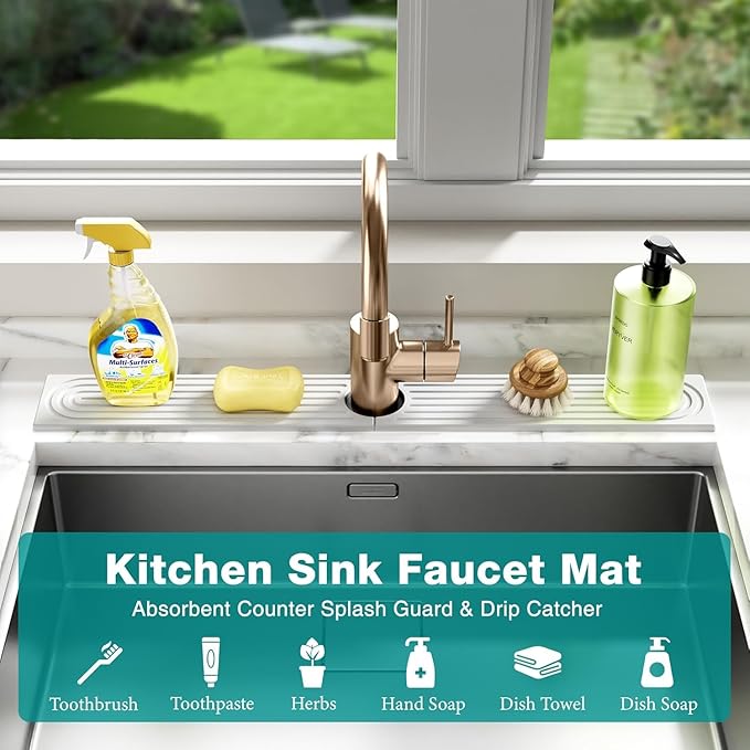 2-In-1 Stone Dish Drying Mat Set For Kitchen Counter.New Collapsiable Diatomaceous Earth Stone Drying Mat Set Includes 1-Stone Dish Drying Mat 23.6"(L)x15.3"(W)&1-Stone Faucet Mat 23.6"(L)x4(W)(WHITE)