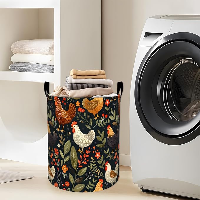 Colorful Chickens and Green Leaves Laundry Basket with Handles, 19.7"x15.7" Clothes Foldable Laundry Hamper Organizer for Dorm Nursery Bedroom Bathroom Decor, Toy Storage Bin for Kids