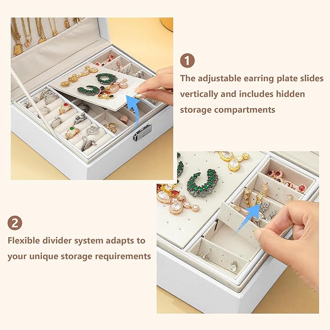 Homeanda Jewelry box 2 layer Jewelry box Leather Jewelry boxes for Women Girls Teens Jewelry organizer box Jewelry Storage box with lock(White)
