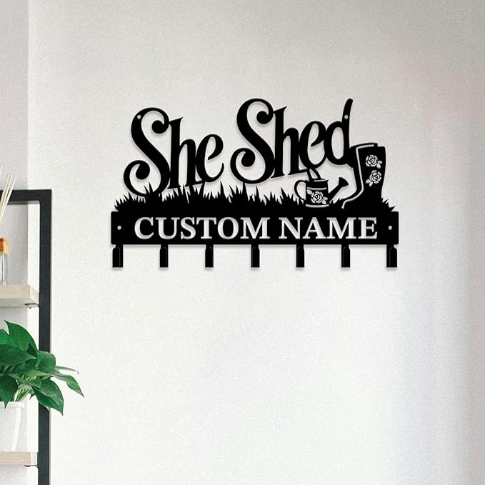 Personalized She Shed Metal Keys Hooks,Custom Name Metal She Shed Keys Hooks,Black Metal She Shed Wall Home Storage Decorative Keys Hooks,Key Holder Hooks for Wall (Style G)