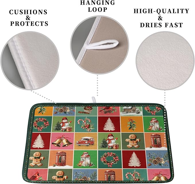 Kwlegh Christmas Dish Drying Mats for Kitchen Counter Cute Xmas Holiday Dish Drainer Pad Microfiber Absorbent Winter Dish Draining Mat Washable Dish Drainer Rack Mat Medium 16x18 Inch
