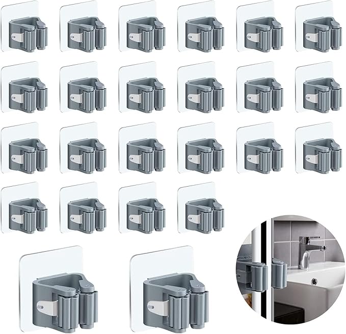 3-H 24-Pack Self Adhesive Broom Holder Wall Mount - Heavy Duty No Drill Broom Organizer for Garage Closet Kitchen, Plastic Storage Rack for Brooms Mops Tools, Peel and Stick Adhesive