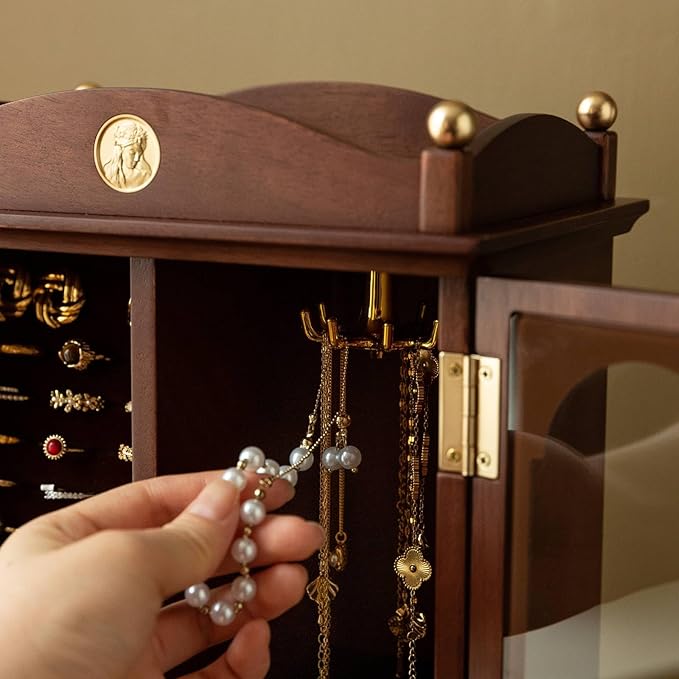 Kinsuite Black Walnut Jewelry Box, Solid Wood Display Cabinet with Rotating Hook & Glass Doors, Vintage Organizer for Rings, Necklaces, Watches Gift for Her