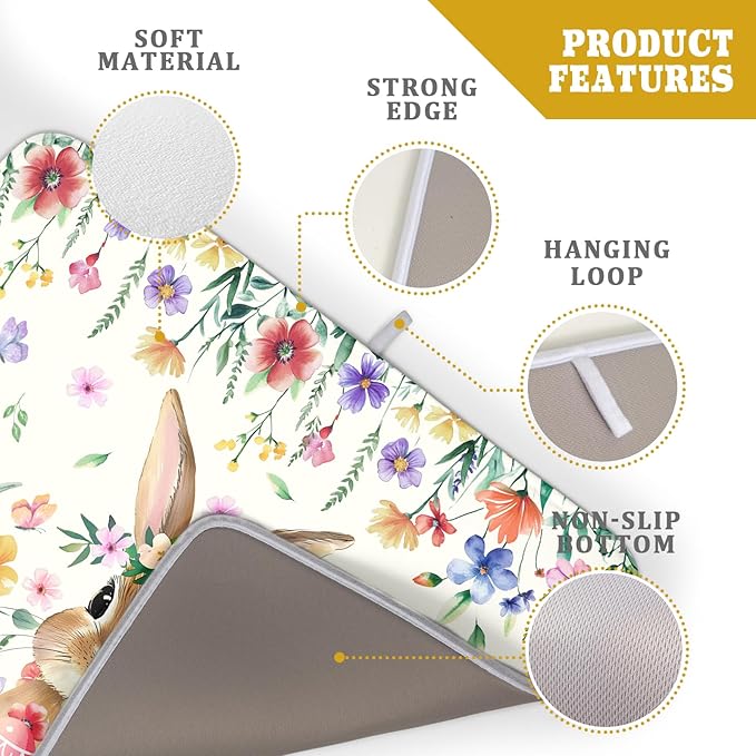 Giwawa Easter Rabbit Dish Drying Mat Spring Flower Dish Drainer Rack Mats 18x24 inch Absorbent Microfiber Fast Dry Pad Kitchen Counter Accessories